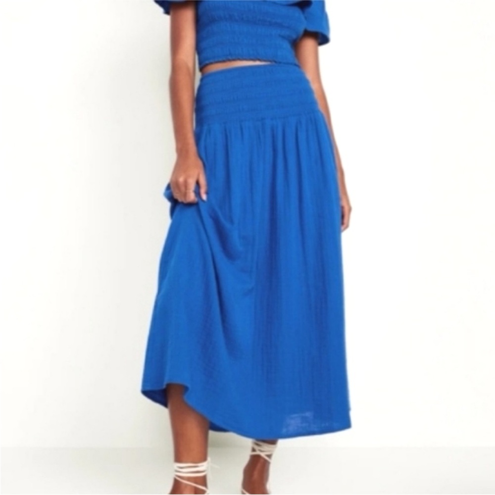 Old Navy Smocked Waist Pull On Midi Skirt Sapphire Blue Peasant Boho XL tall